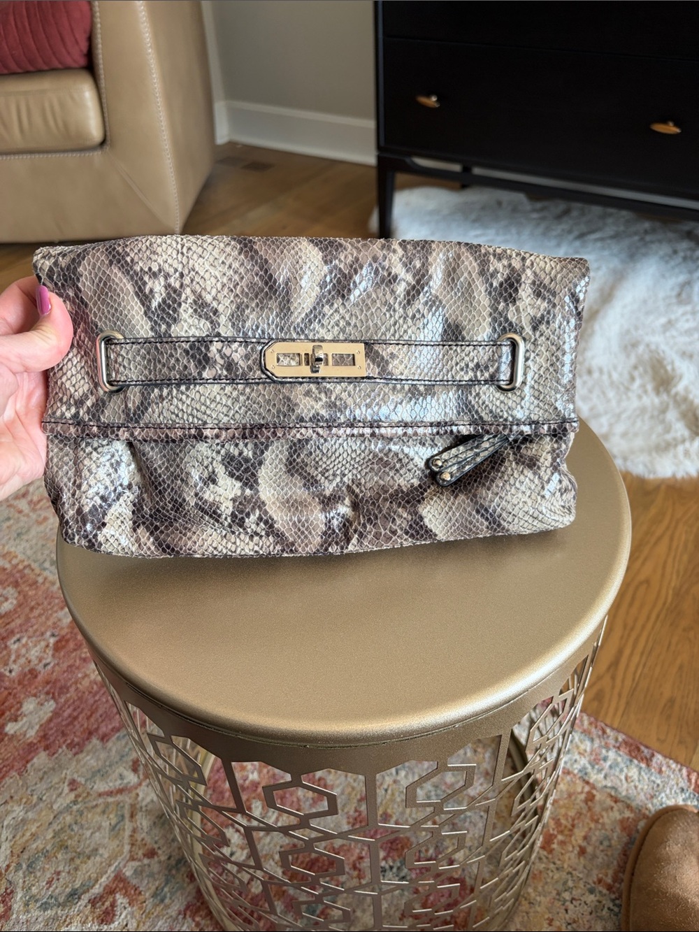 Nine West Snakeskin Print Clutch in Gray and Cream